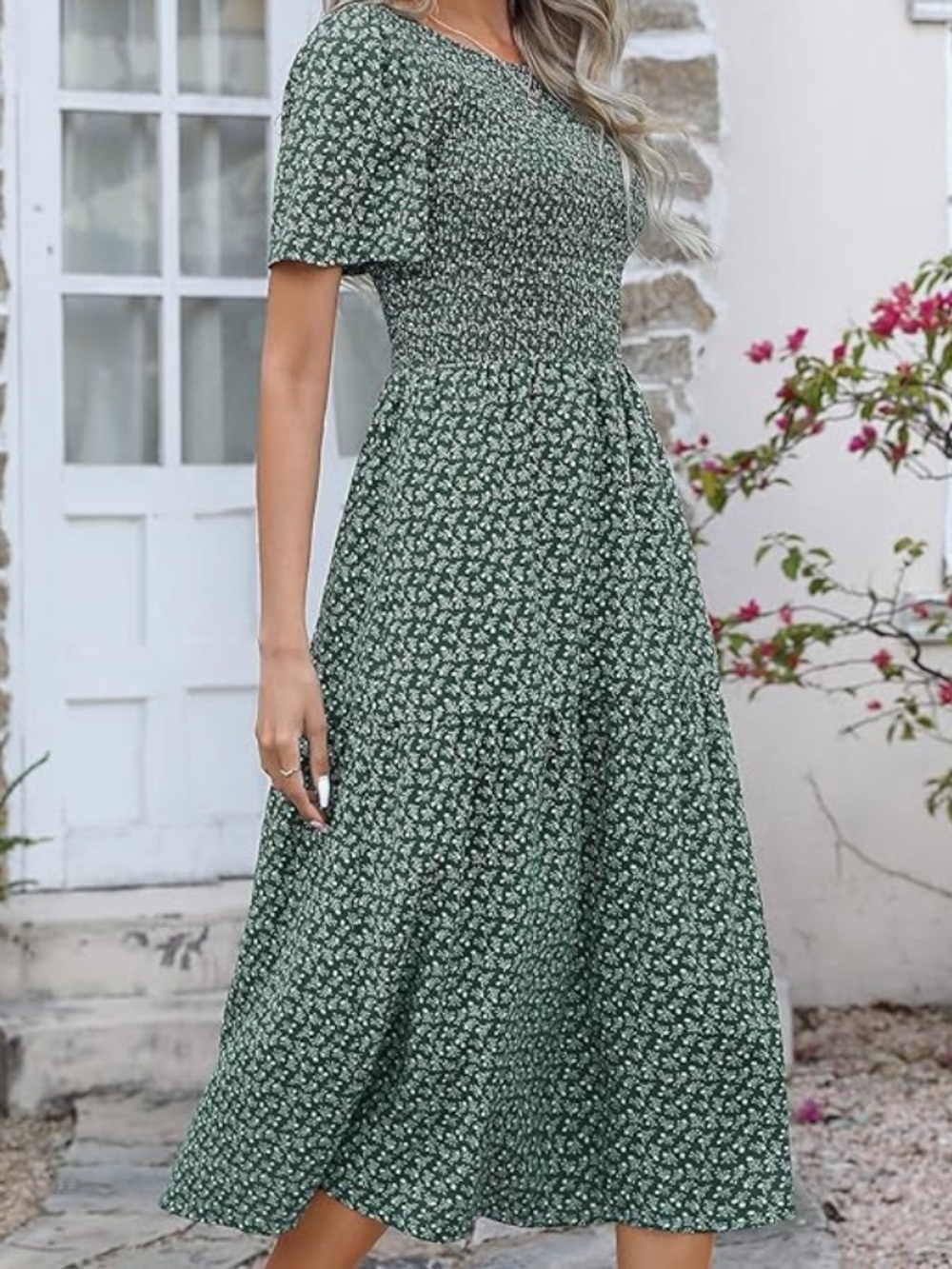 Women’s Ellakoko Smocked Waist Short Sleeve Floral Midi Dress - Green - Picture 4 of 11